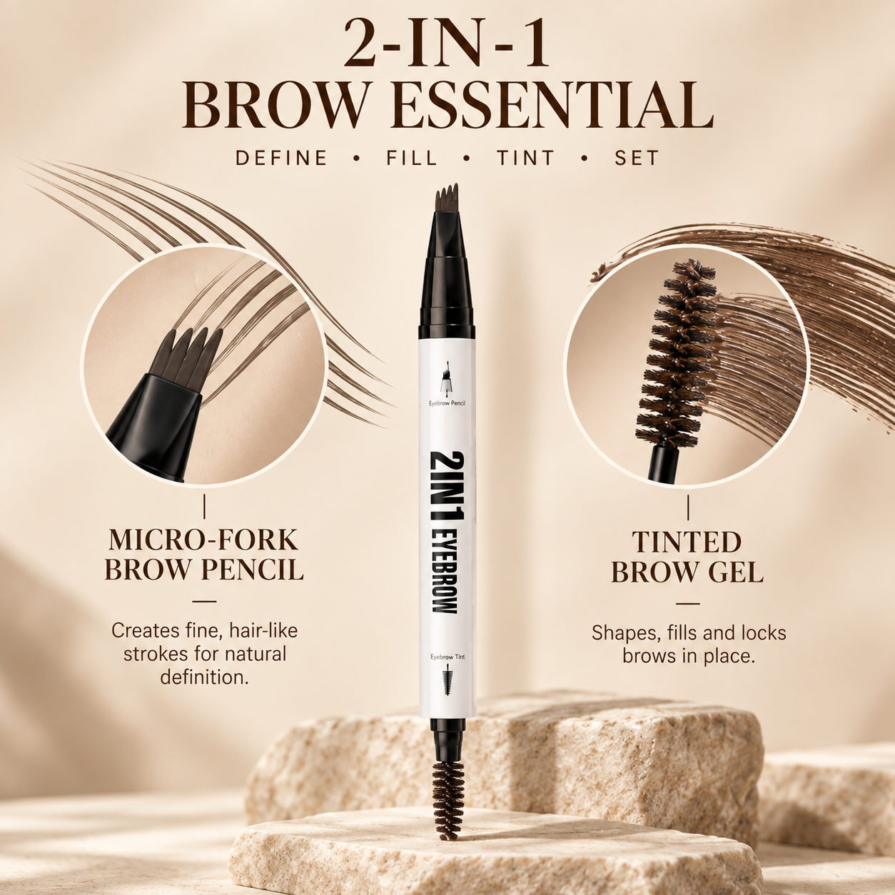 Two-ended micro-fork brow pencil and tinted brow gel