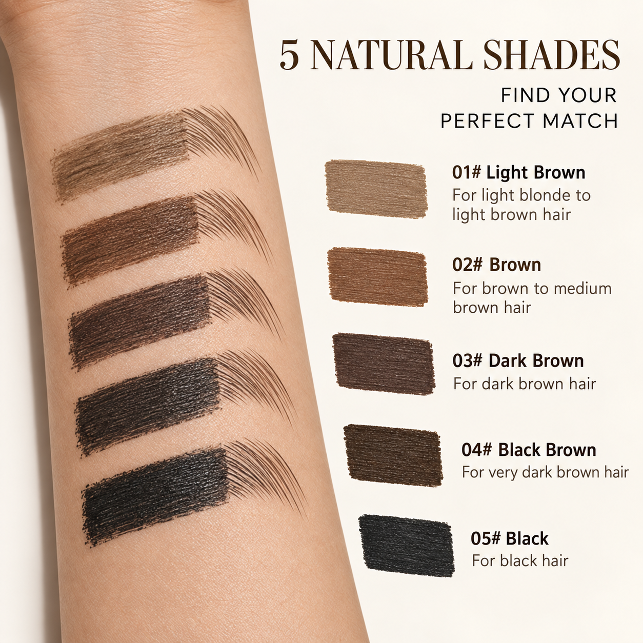 Five natural eyebrow shades from light brown to black