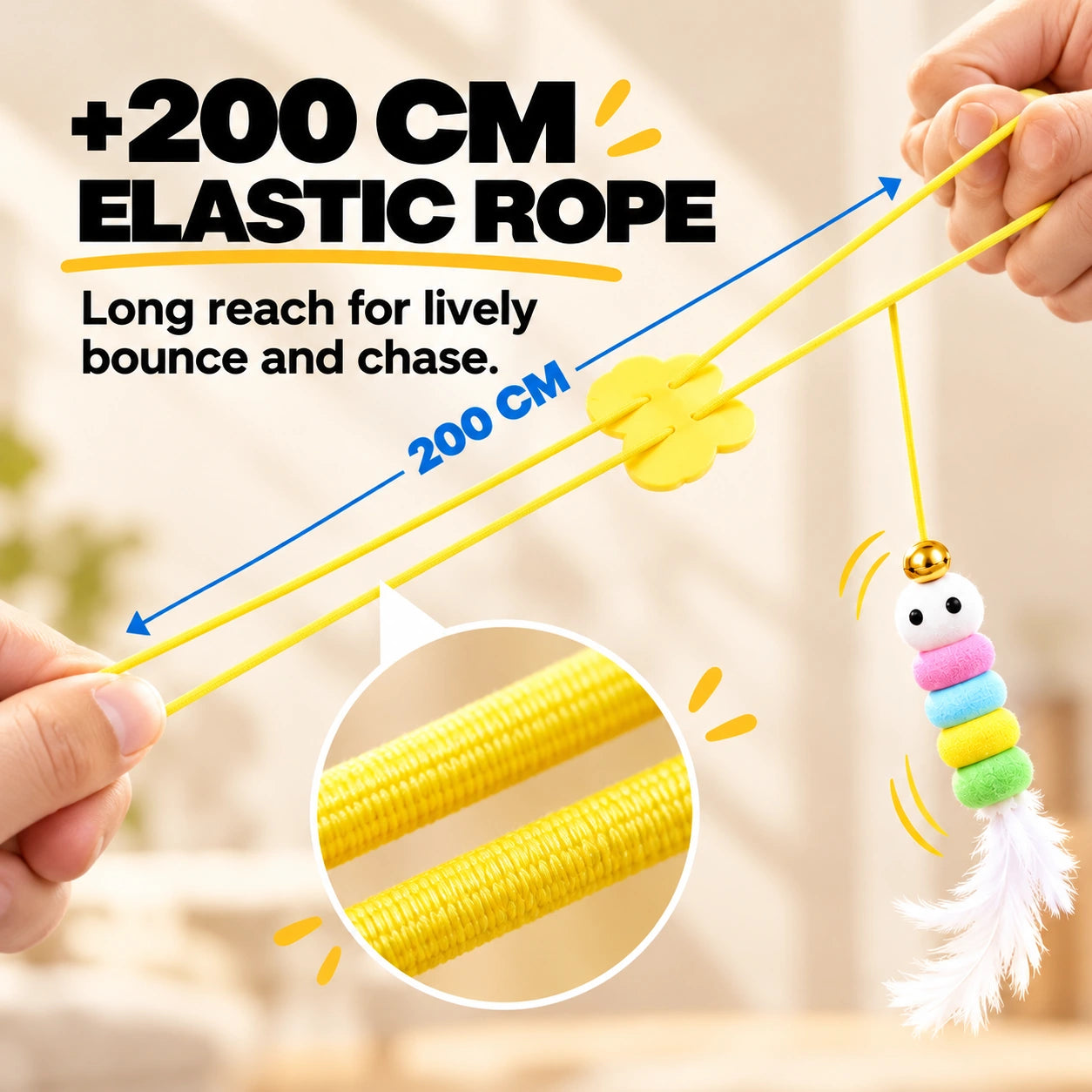 Close-up of the 200 cm plus yellow elastic cord and colorful feather teaser