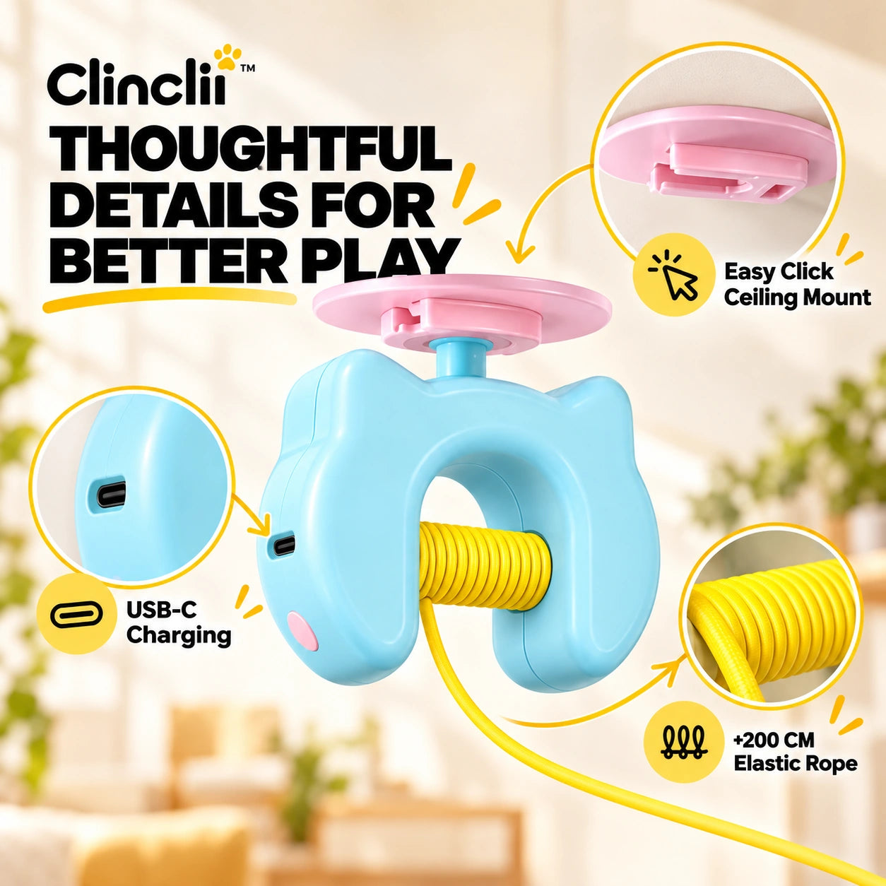 Clinclii sky-blue motorized unit showing top click mount, charging port, and yellow cord spool