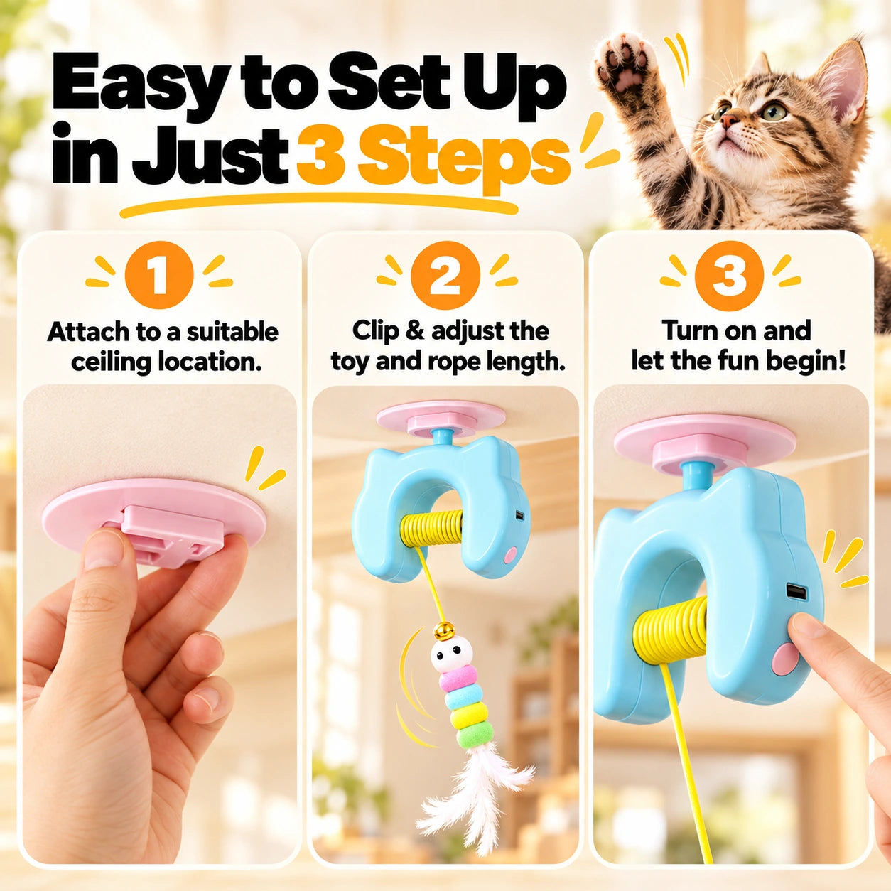 Illustrated three-step Clinclii overhead mounting and setup process