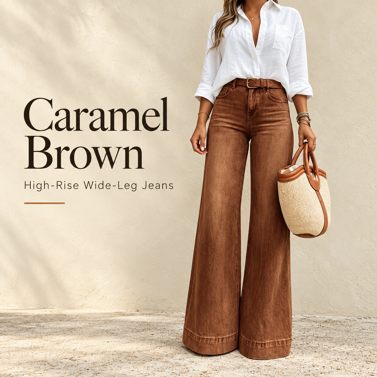 Caramel Brown high-rise wide-leg jeans