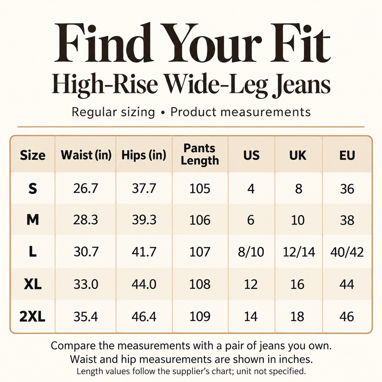 Size guide with waist, hips, pants length and US UK EU sizes