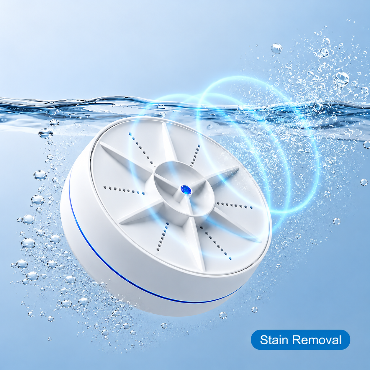 Close view of the white portable mini washer in water