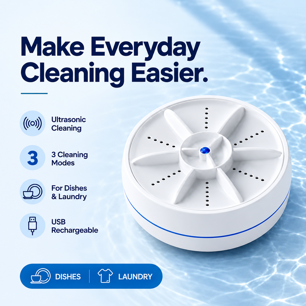 Mini washer overview showing three modes, dual use and USB features