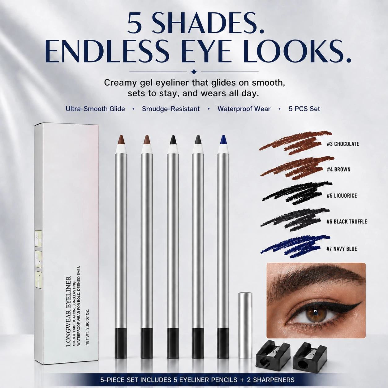 5-Shade Creamy Glide Waterproof Gel Eyeliner Set