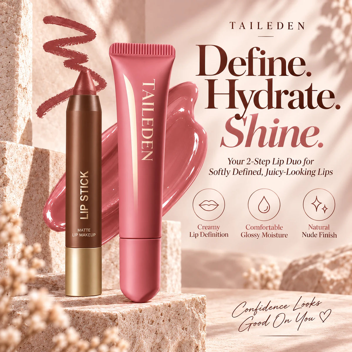 TAILEDEN Lip Liner and Glossy Lip Oil Duo for defined hydrated glossy lips