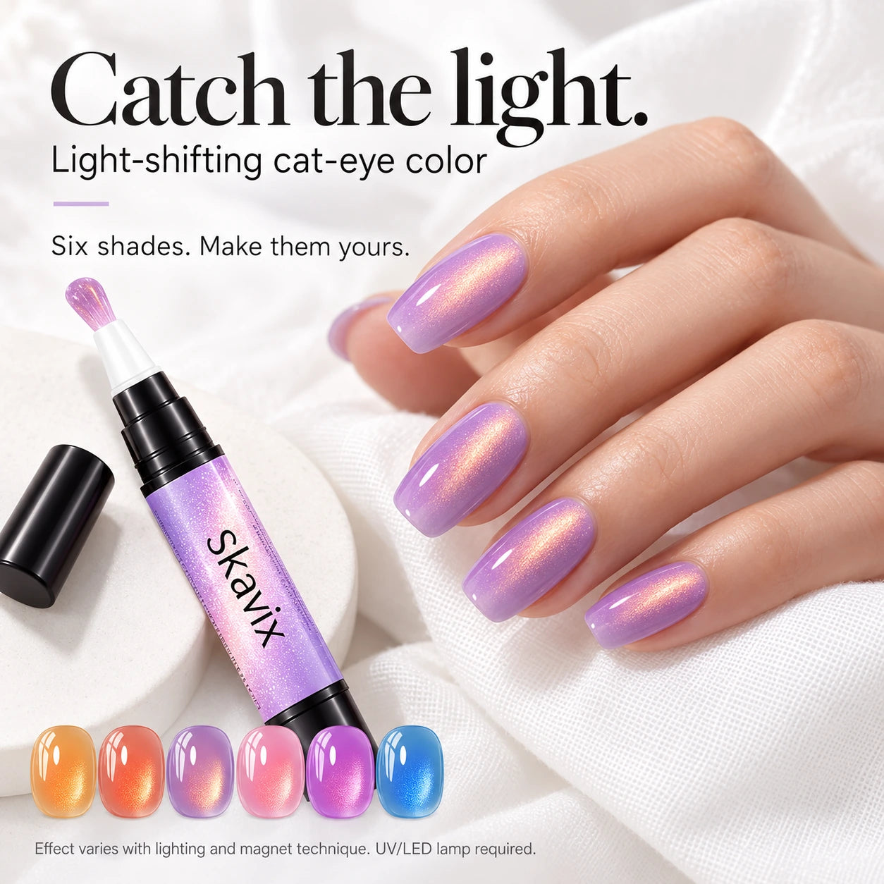 Lavender cat-eye manicure with a luminous reflective finish