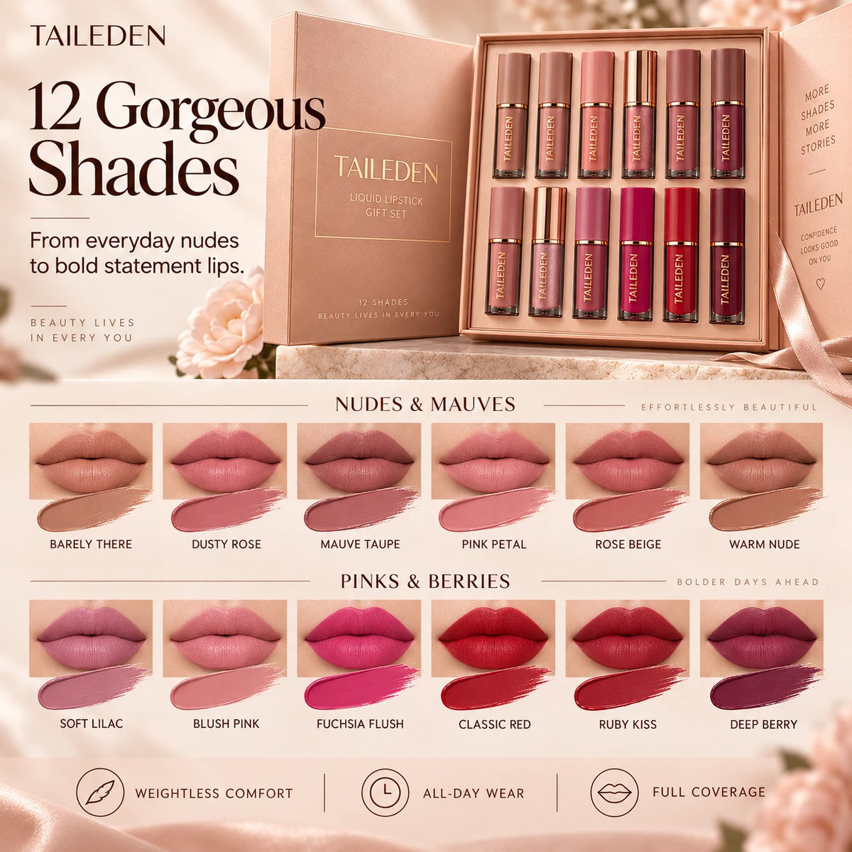Twelve wearable liquid lipstick shades from nude to red and deeper tones