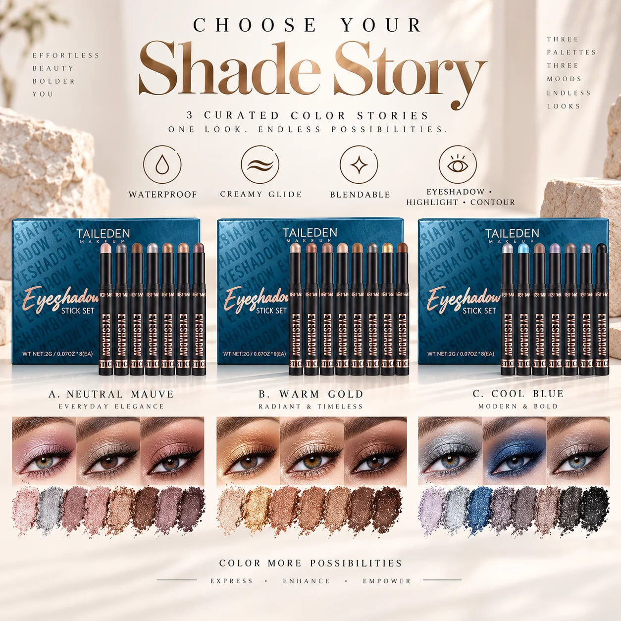 three curated eyeshadow color stories