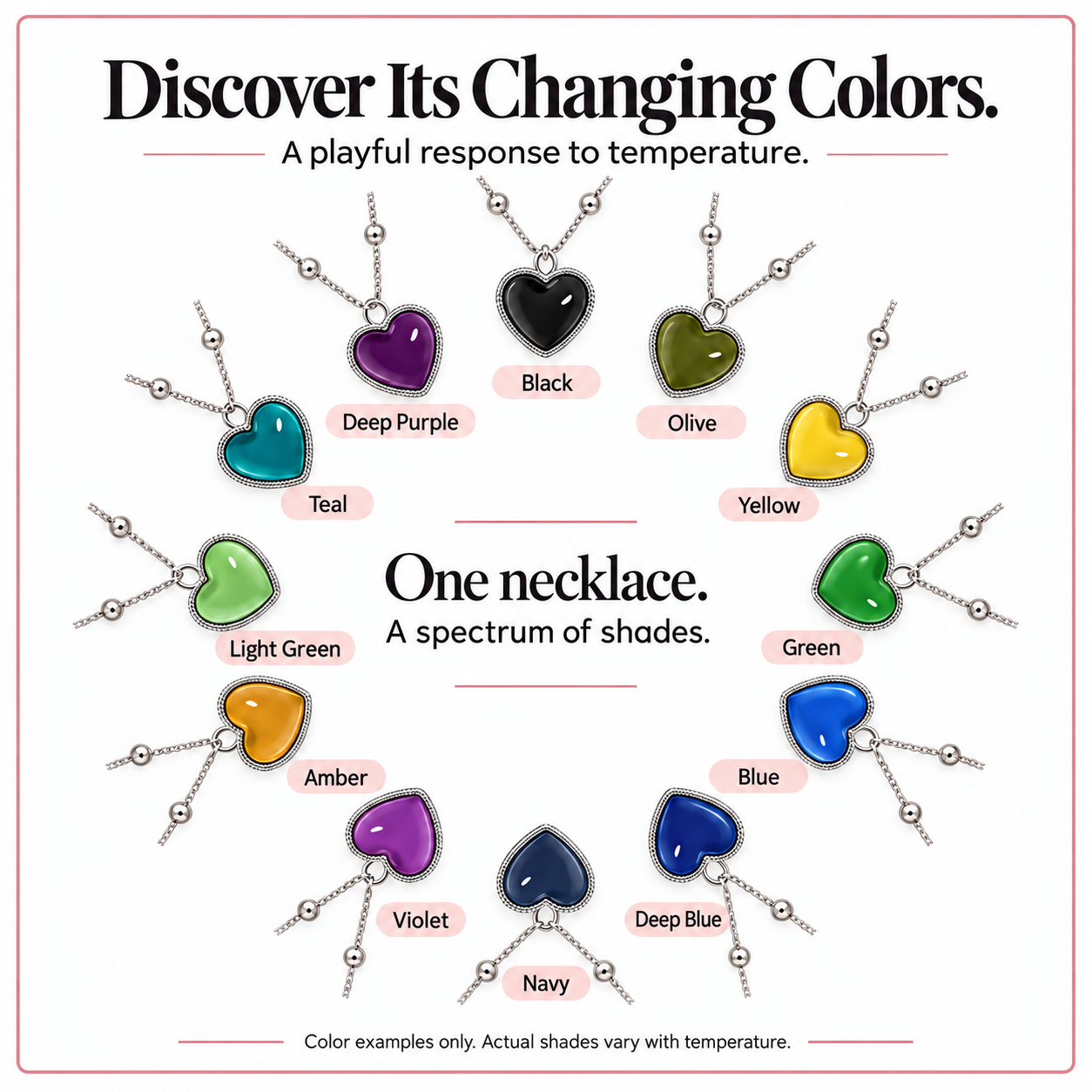 A spectrum of possible temperature-responsive heart pendant colors