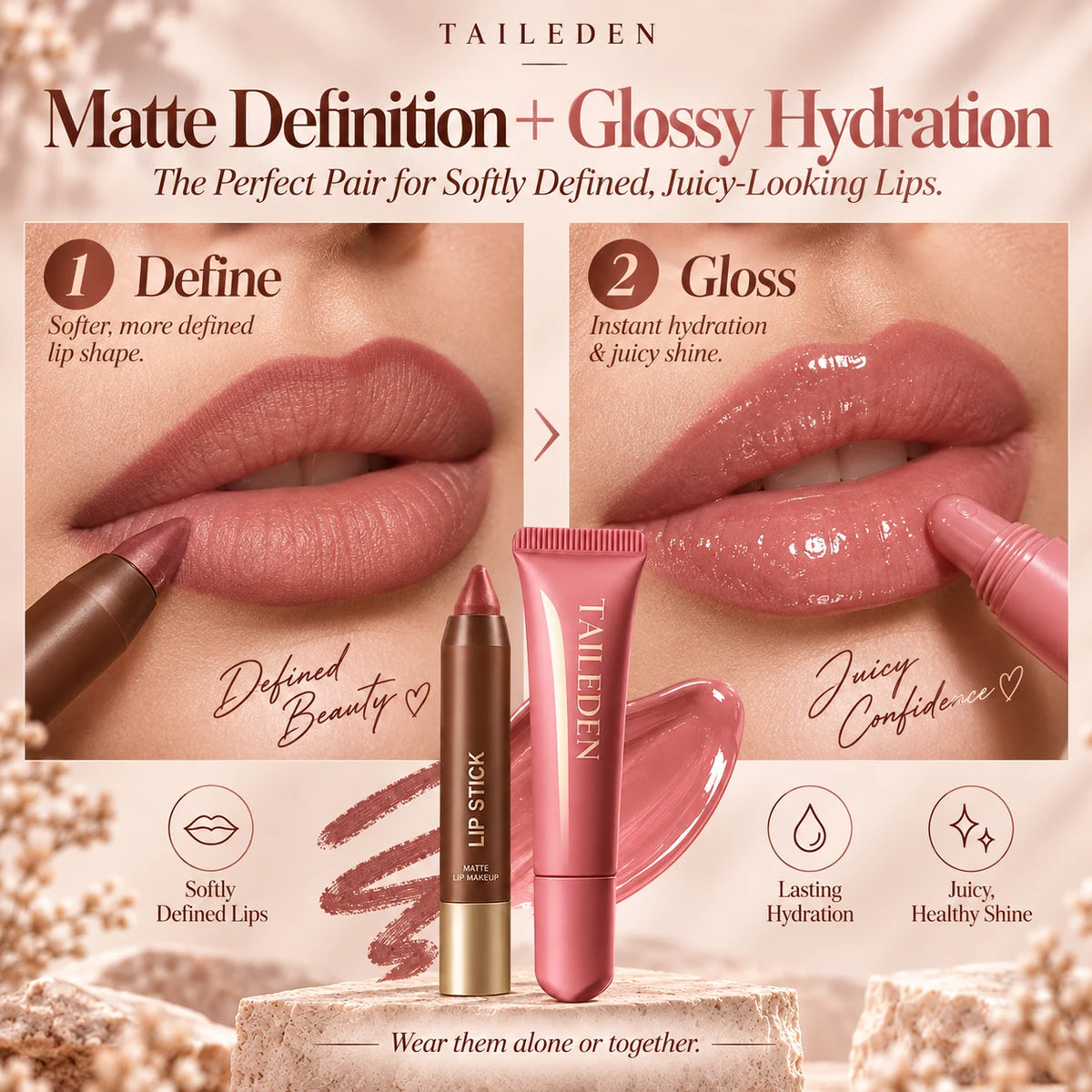 Matte lip definition compared with glossy hydrated finish
