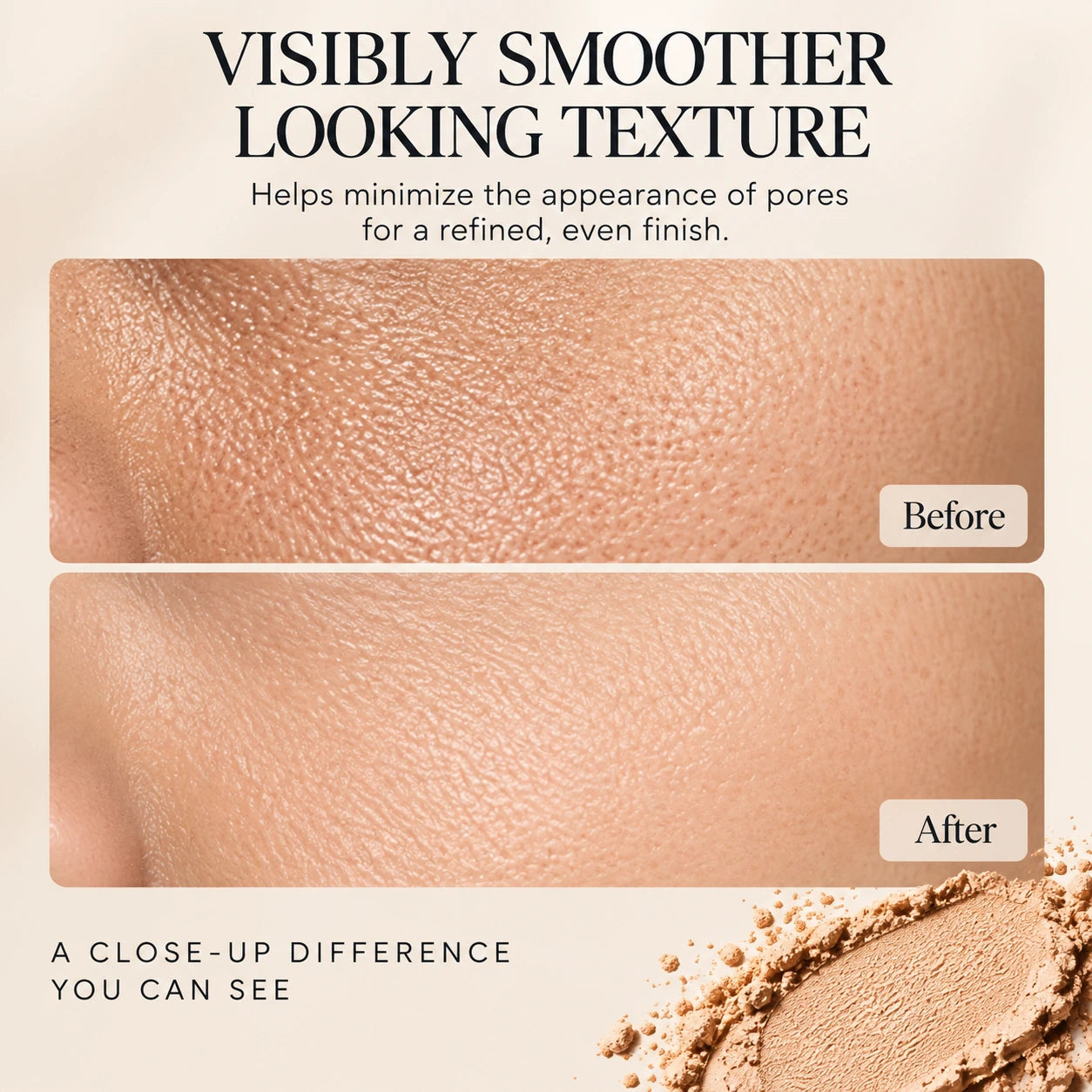 Close-up appearance of pores before and after pressed powder