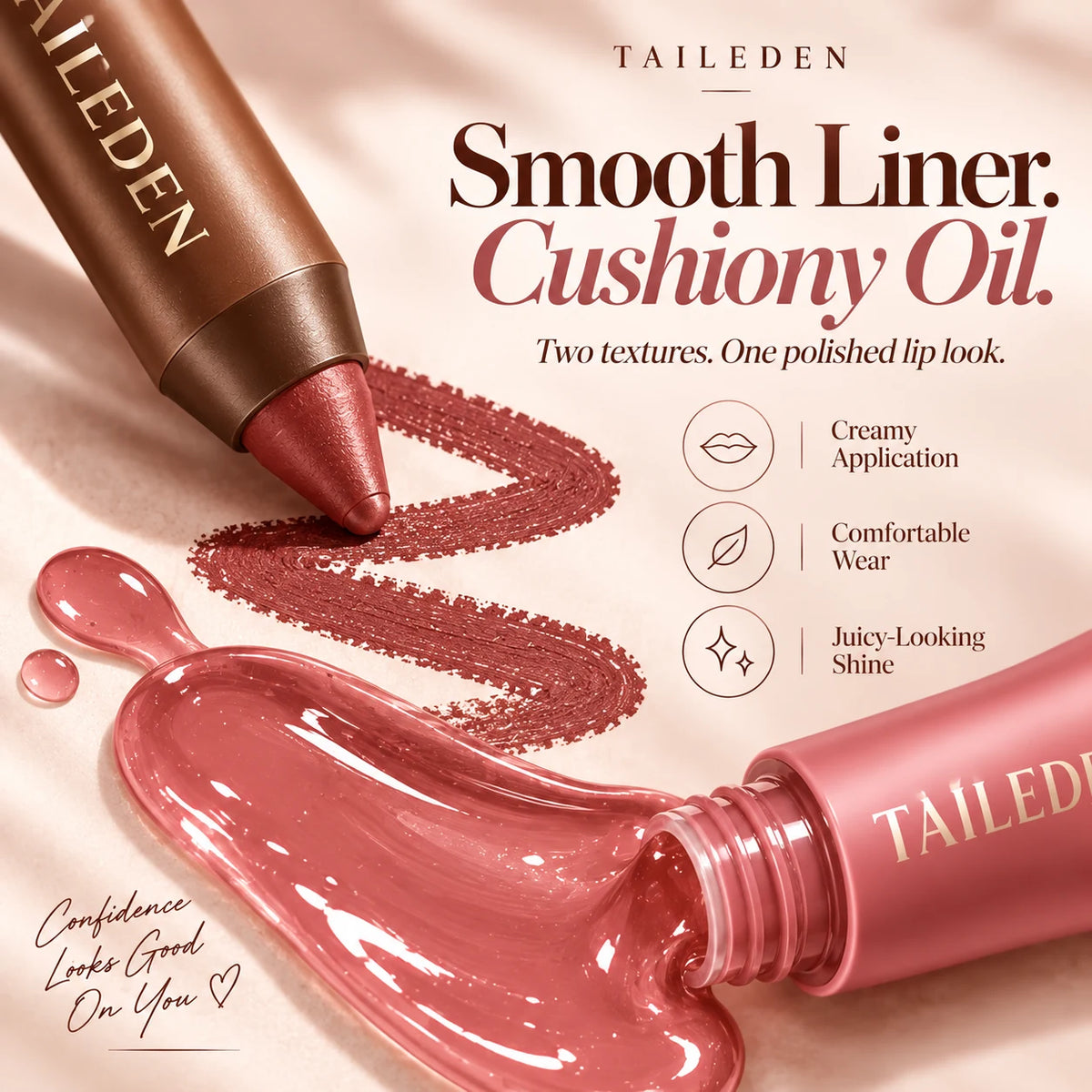 Close-up creamy lip liner and cushiony glossy lip oil textures