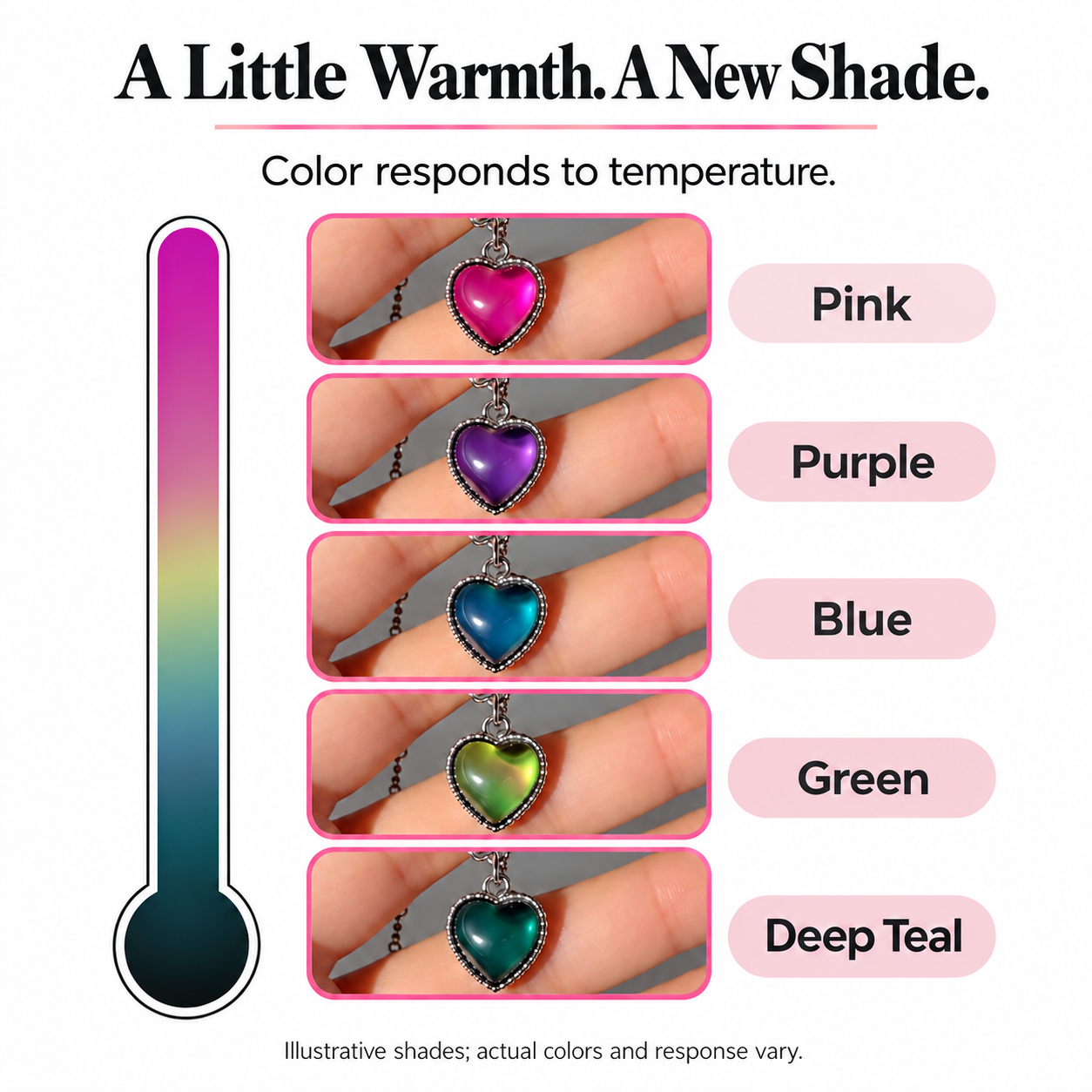 Heart pendant showing different colors as its temperature changes
