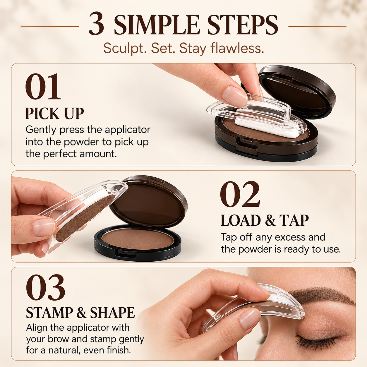Three step eyebrow stamp application guide