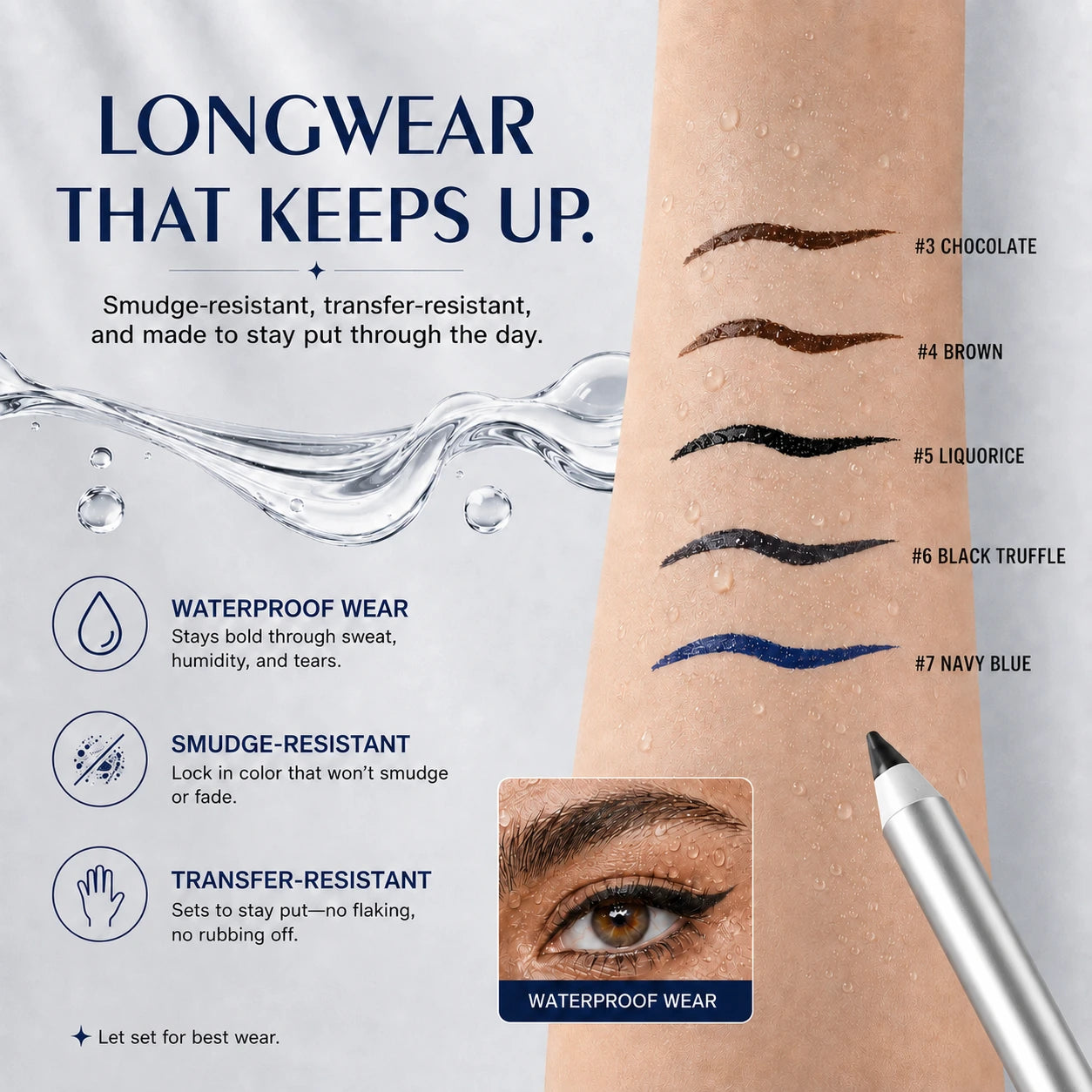 Water-resistant eyeliner swatches on skin with water droplets