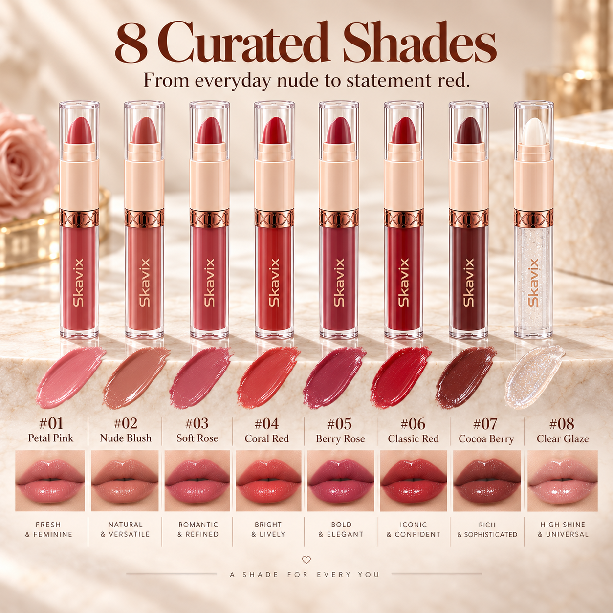8 curated lipstick and lip glaze options