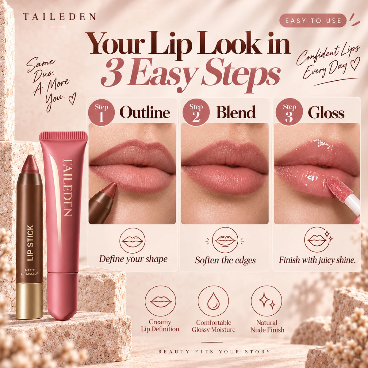 Three-step lip routine: outline, blend and gloss