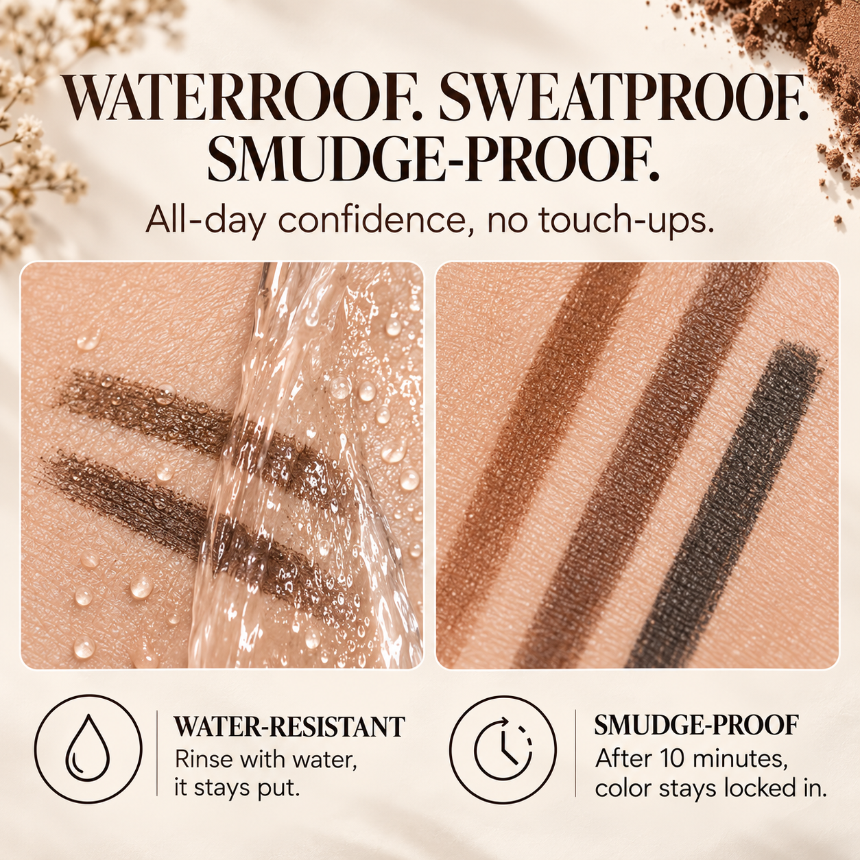 Before and after brows with waterproof and smudge resistant testing