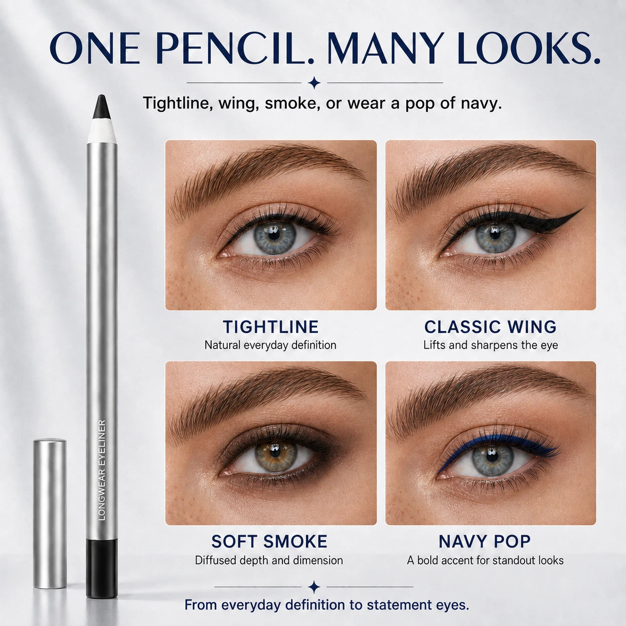 Four eyeliner looks including tightline, classic wing, soft smoke and navy accent