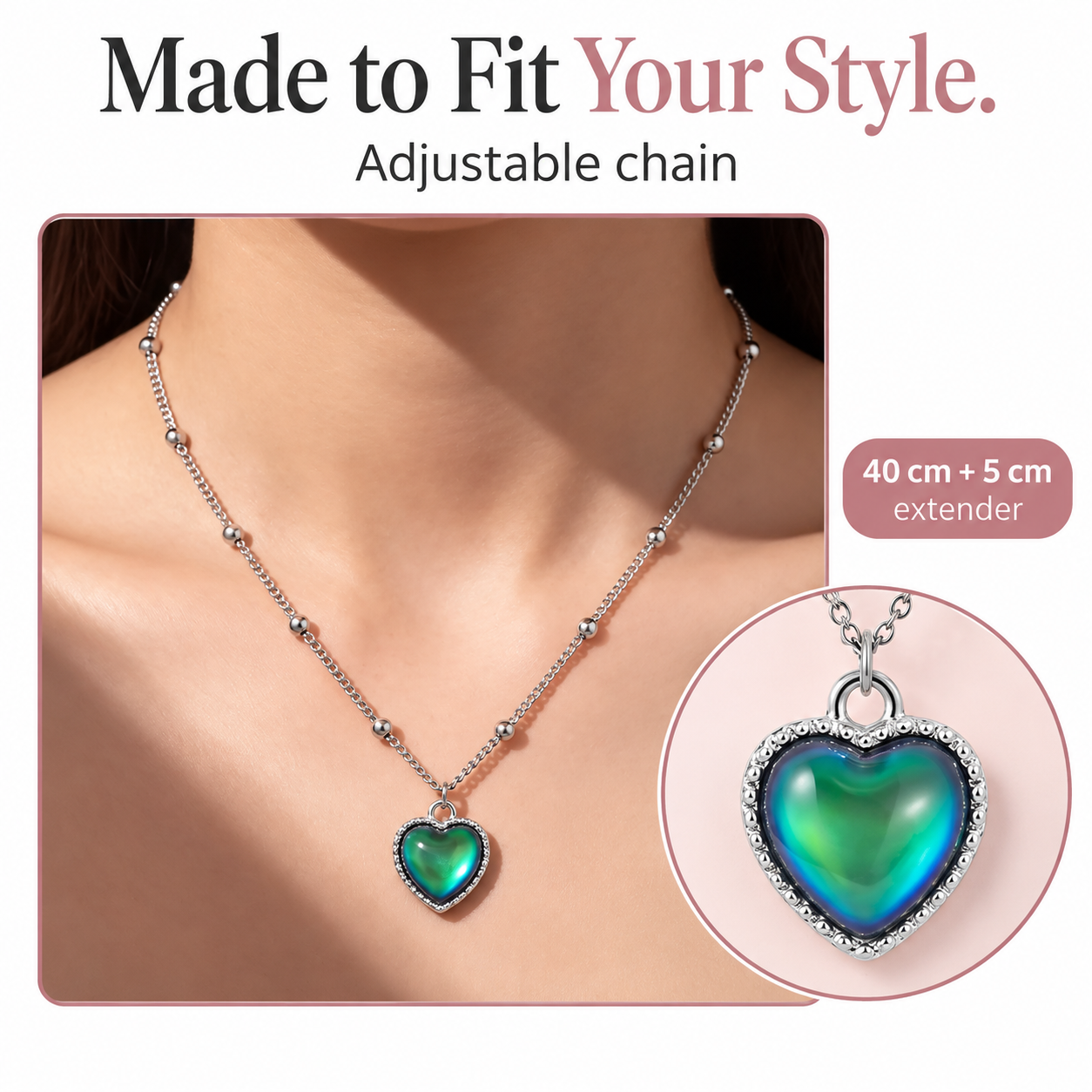 Heart necklace fit and adjustable chain detail
