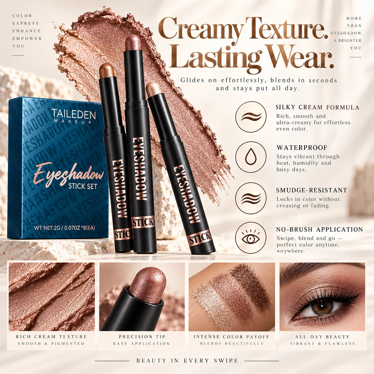 creamy blendable eyeshadow stick texture and swatches