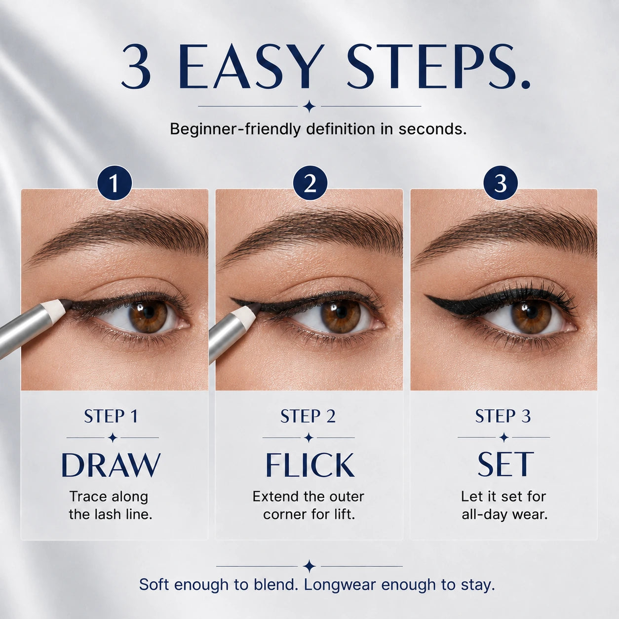 Three-step eyeliner guide showing draw, flick and set