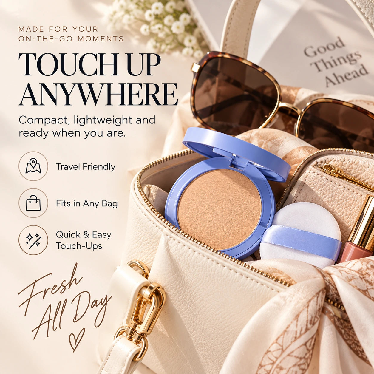 Pressed powder inside handbag for touch ups