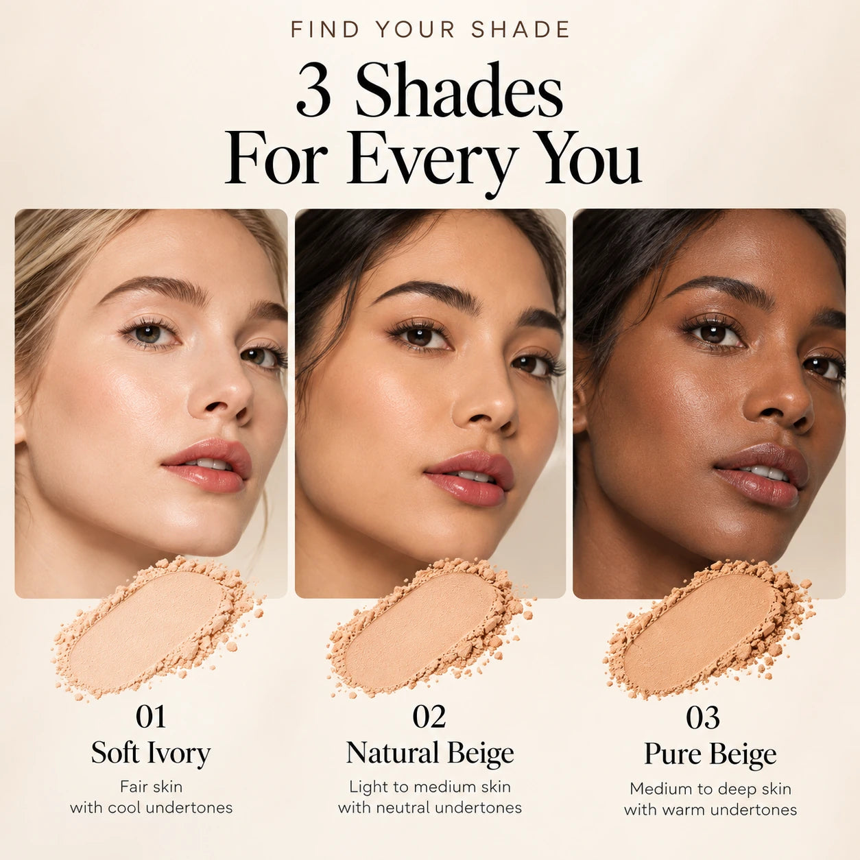 Three pressed powder shades Soft Ivory Natural Beige and Pure Beige