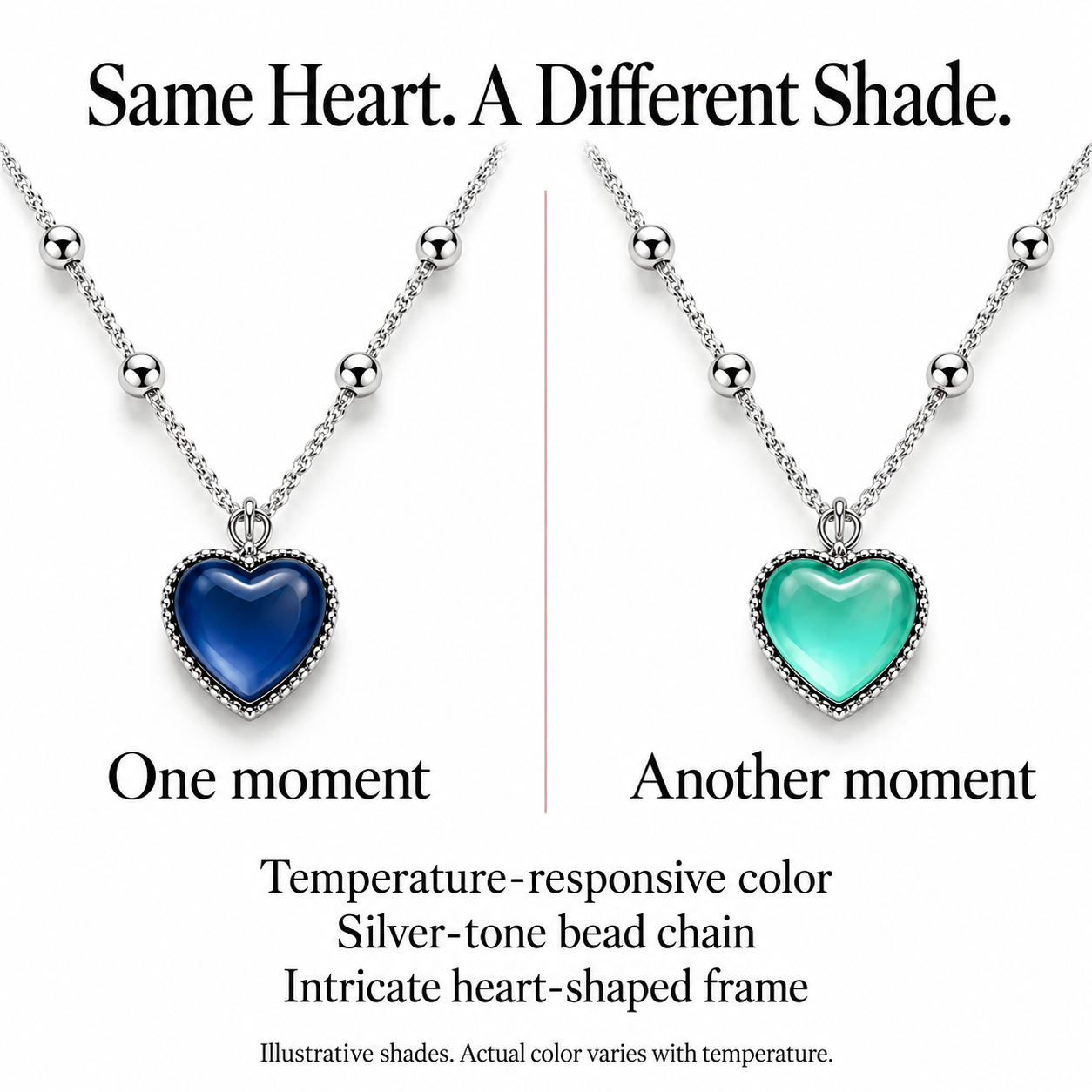 The same heart necklace displaying two different shades