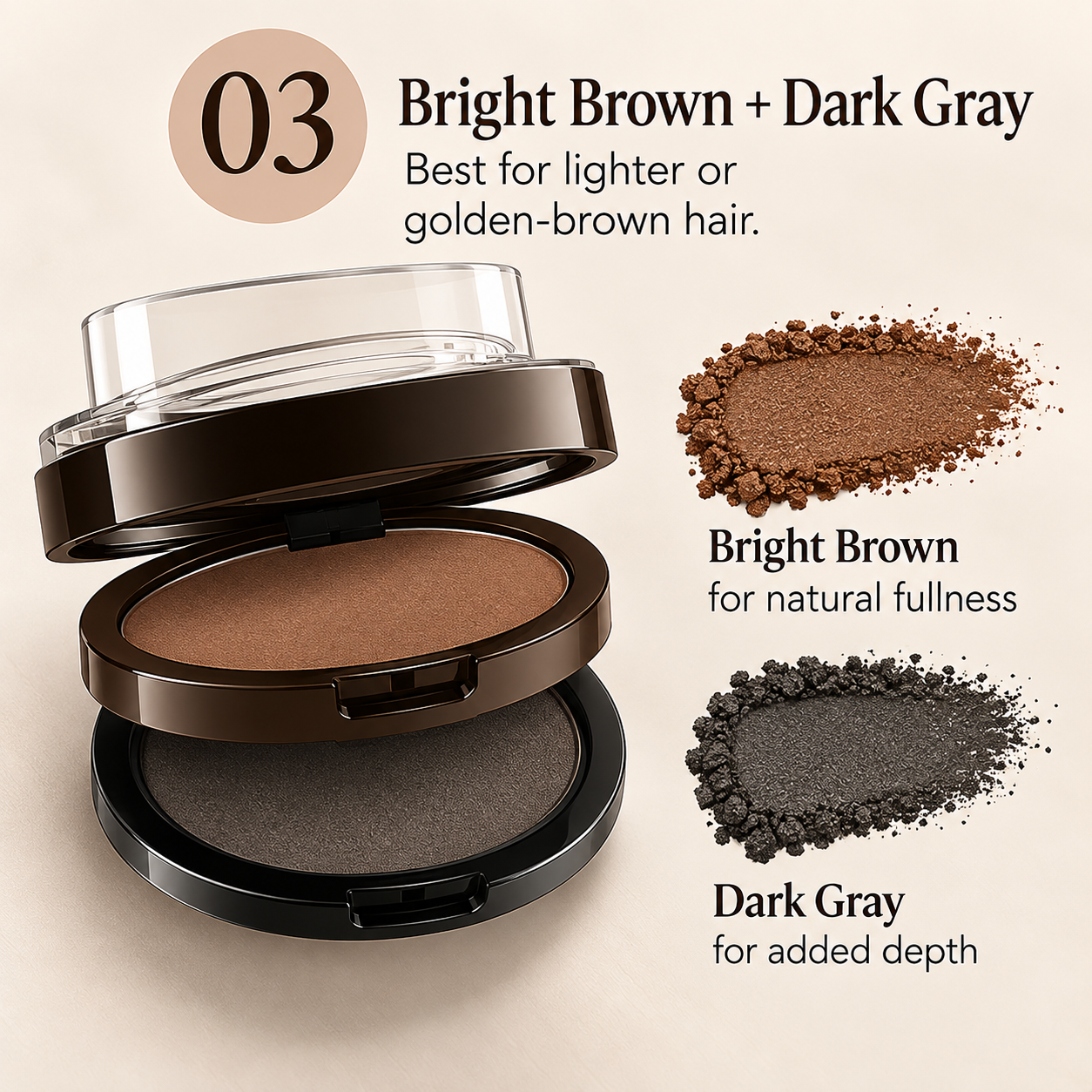 Bright Brown and Dark Gray eyebrow powder shade