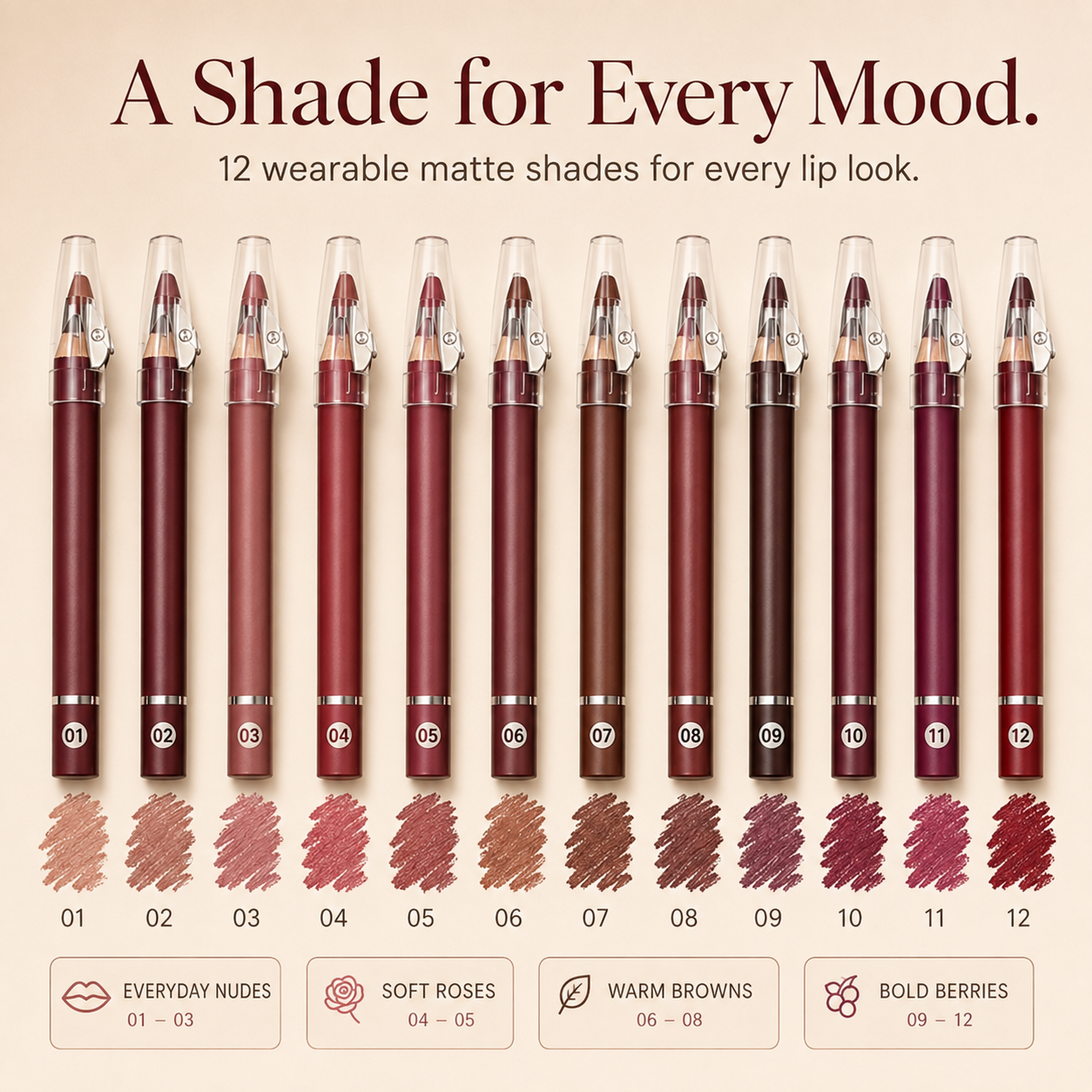 12-Shade Matte Lip Liner Set with Built-In Sharpener 🔥