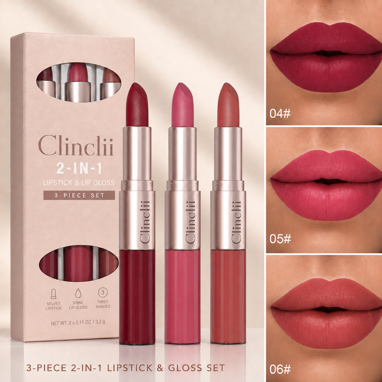 3-Piece 2-in-1 Matte Lip & Gloss Duo Set