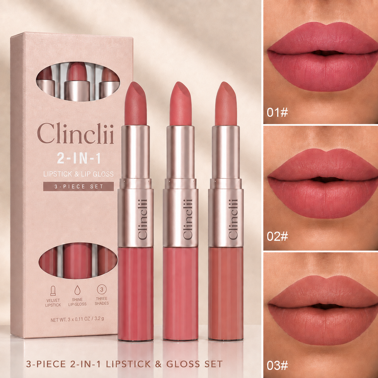 3-Piece 2-in-1 Matte Lip & Gloss Duo Set