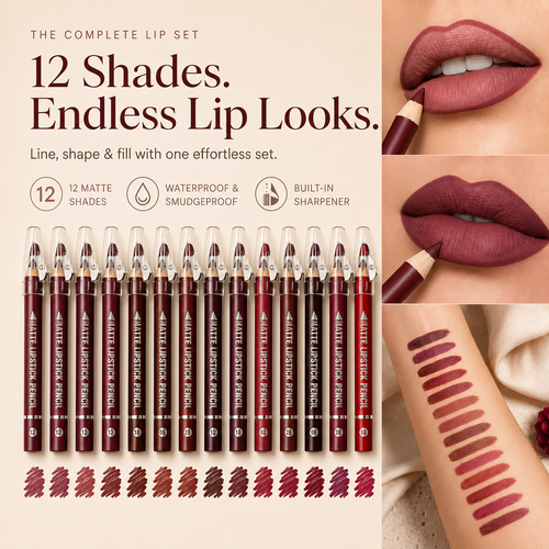 12-Shade Matte Lip Liner Set with Built-In Sharpener 🔥