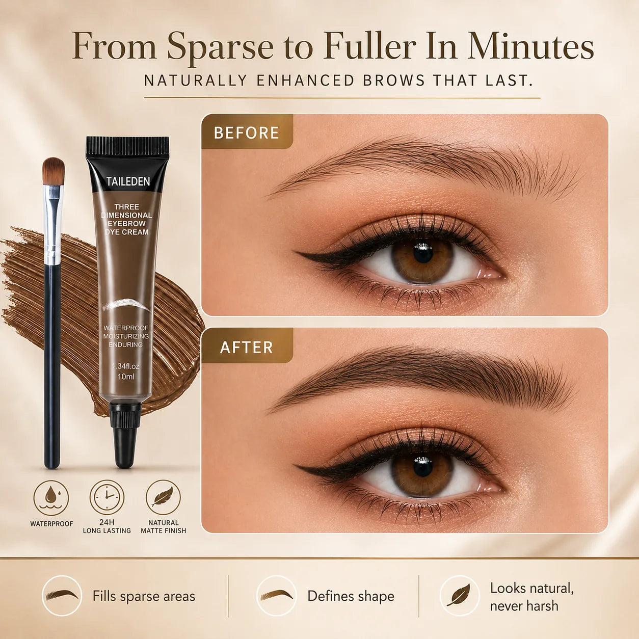 Sparse brows before and fuller-looking brows after