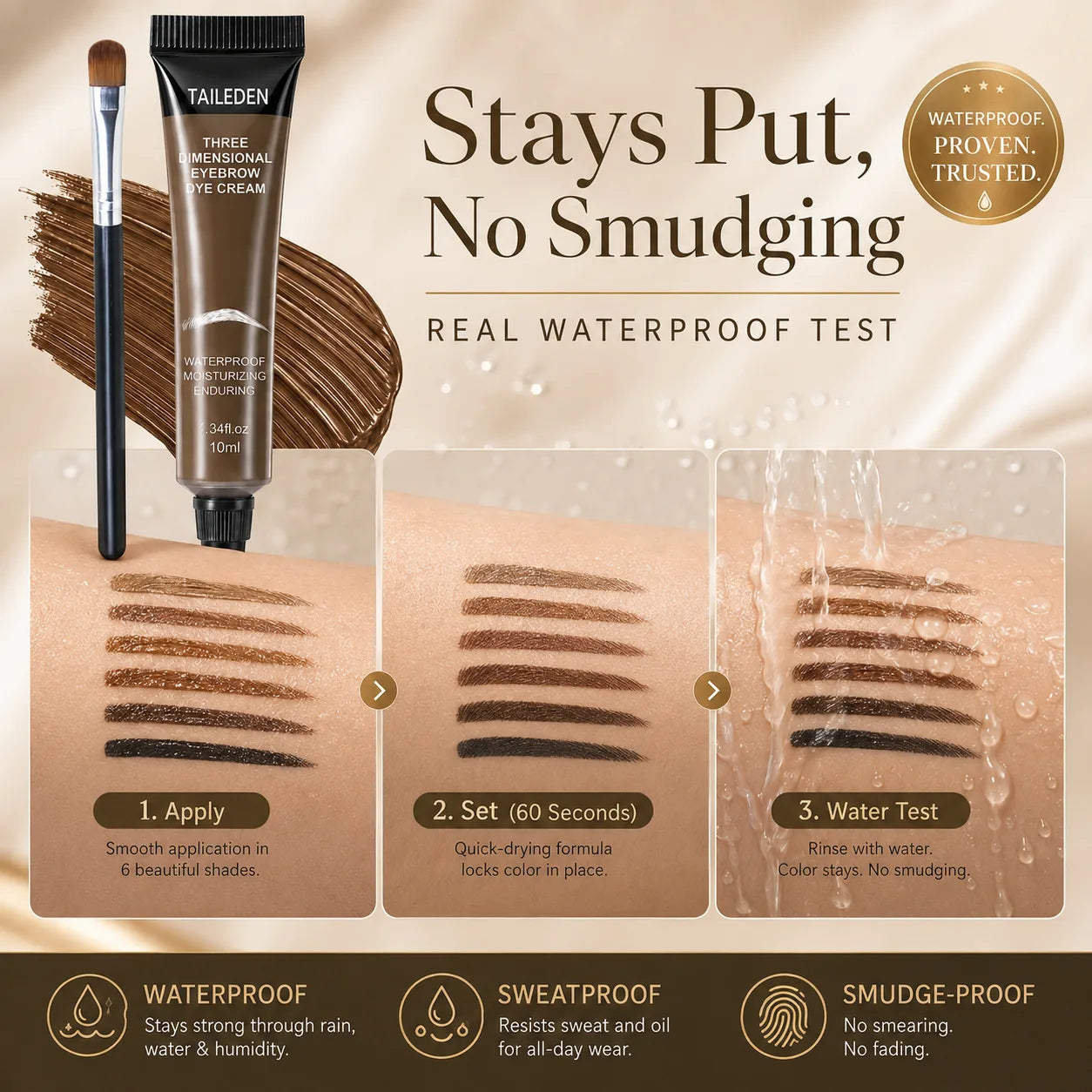 Apply set and water test for brow gel tint