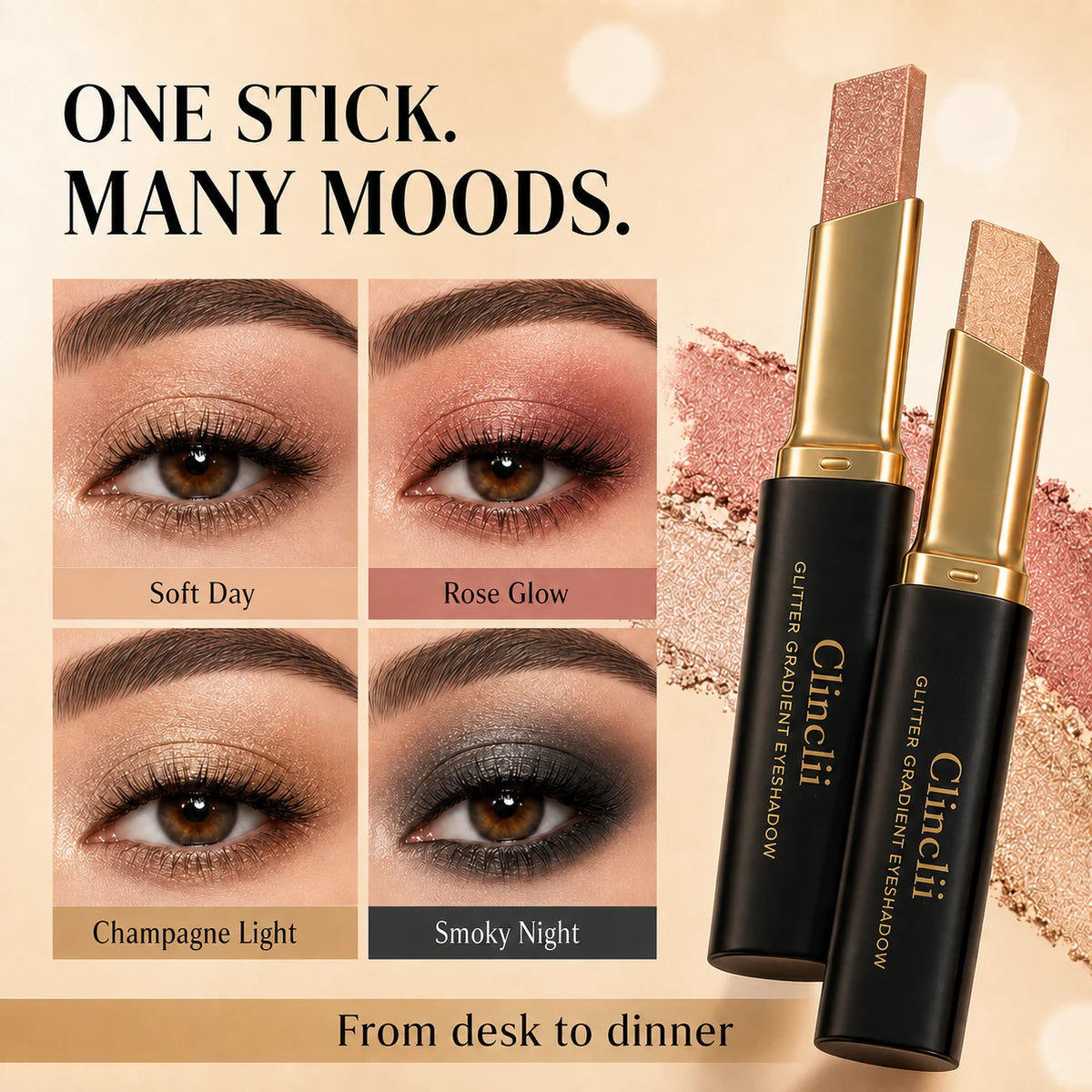 Multiple Clinclii eyeshadow looks from soft day to smoky night