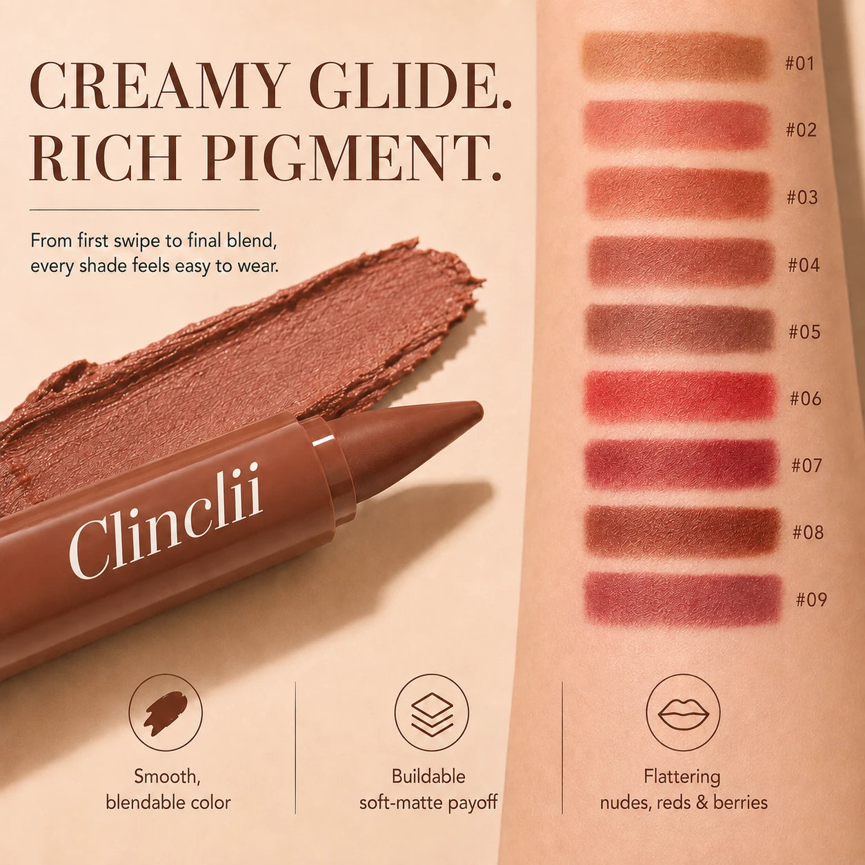 Clinclii creamy glide rich pigment nine shade swatches