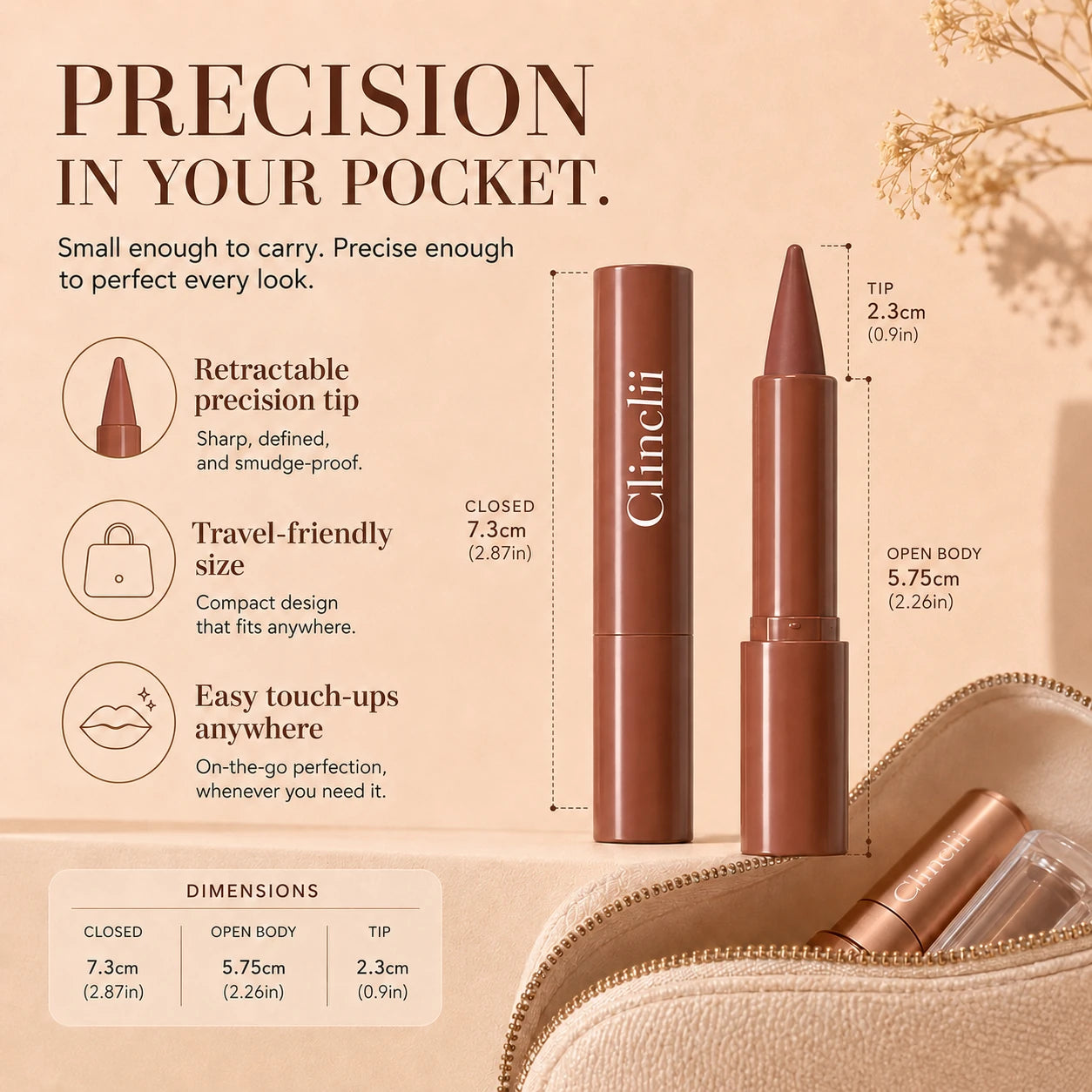 Clinclii retractable precision lip crayon compact dimensions