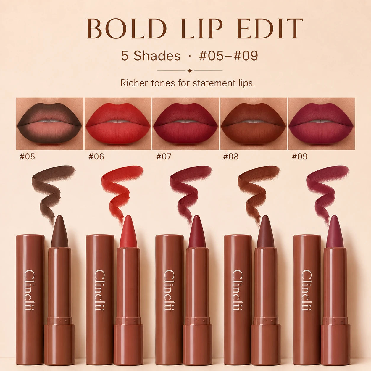 Clinclii Bold Lip Edit five shade set 05 to 09