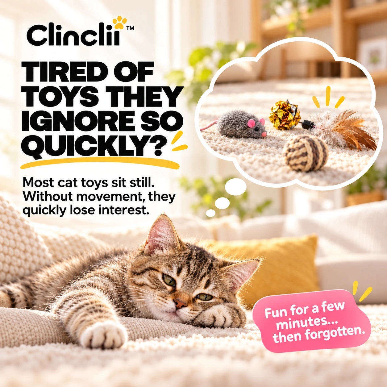 Cat resting near ordinary toys that no longer attract its attention