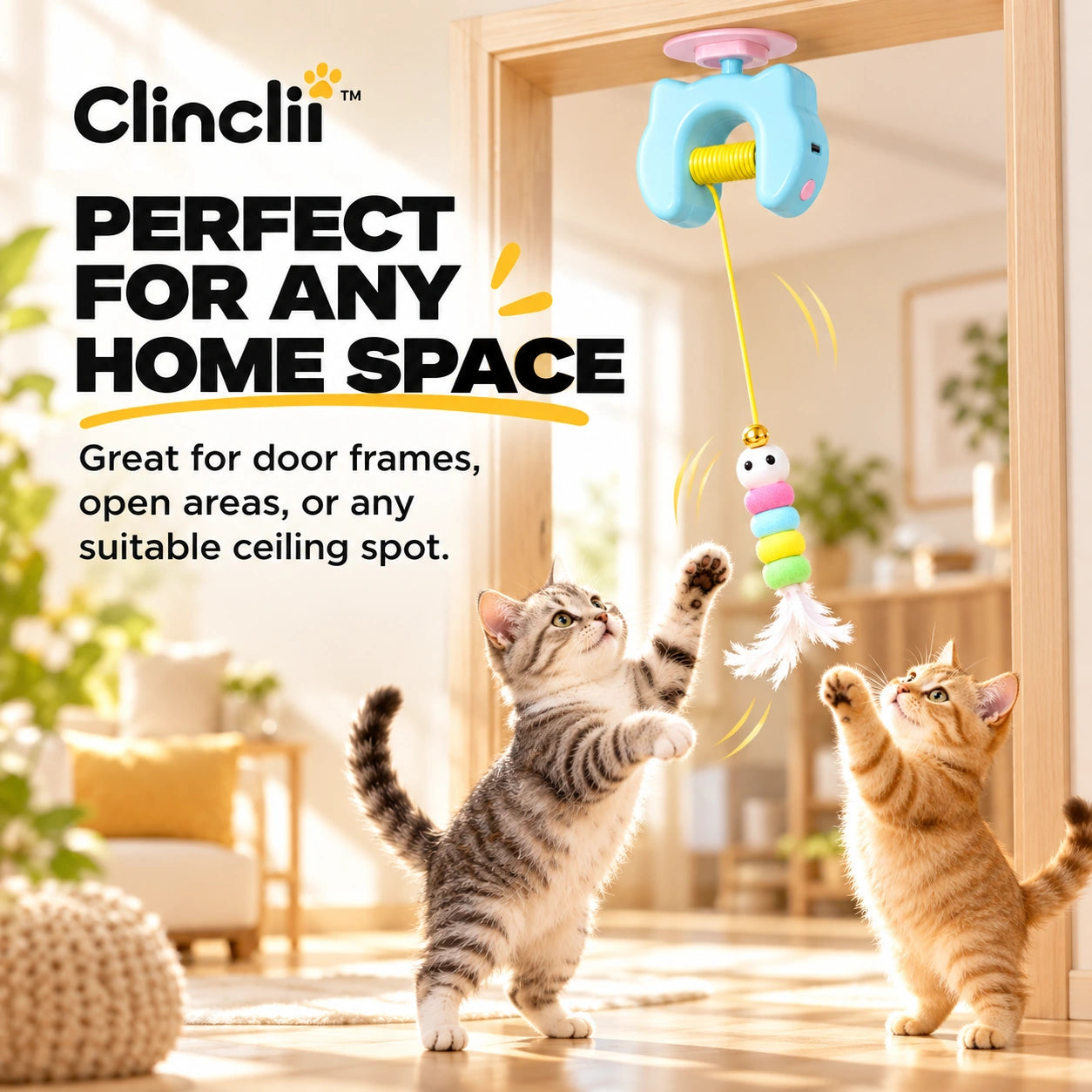 Two cats investigating dangling teaser toys in a bright home doorway
