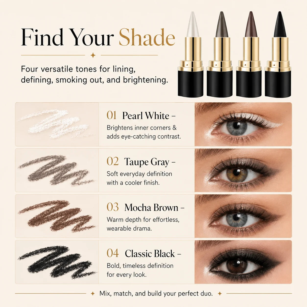 Gel eyeliner shade guide showing four shades and matching eye looks