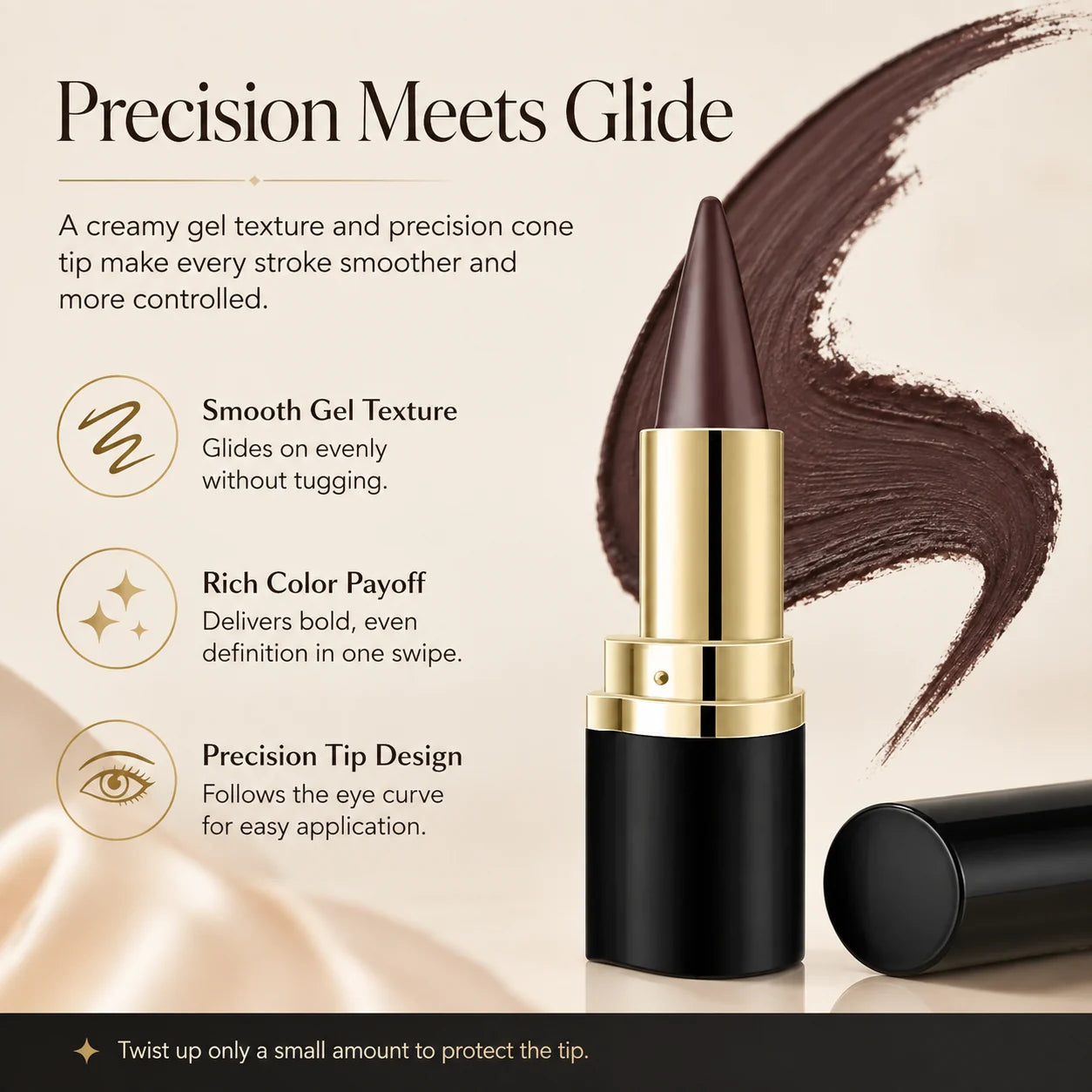 Close-up gel eyeliner texture, cone tip and creamy color payoff