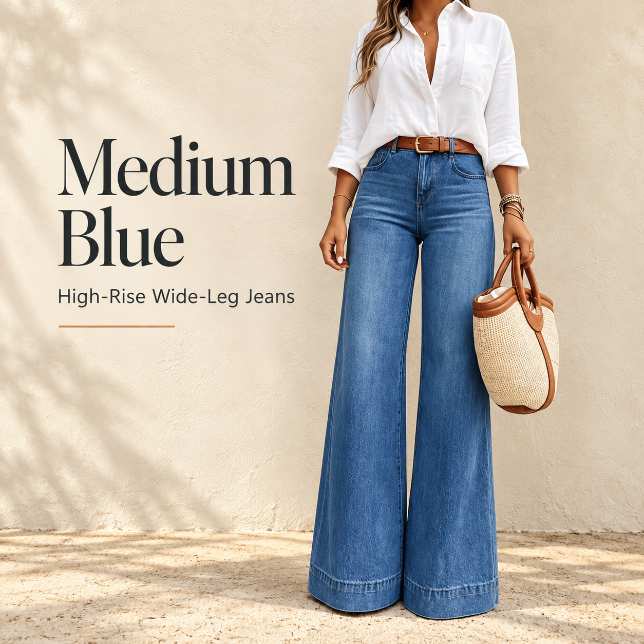 Medium Blue high-rise wide-leg jeans