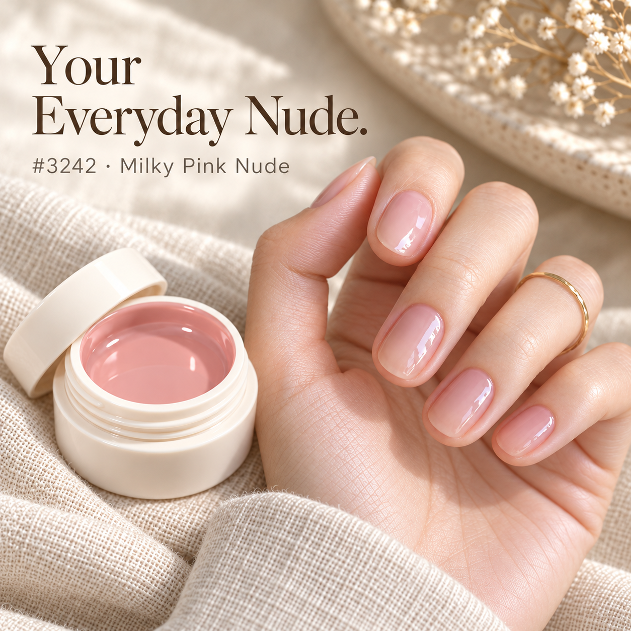 A nude manicure beside the Milky Pink Nude gel pot