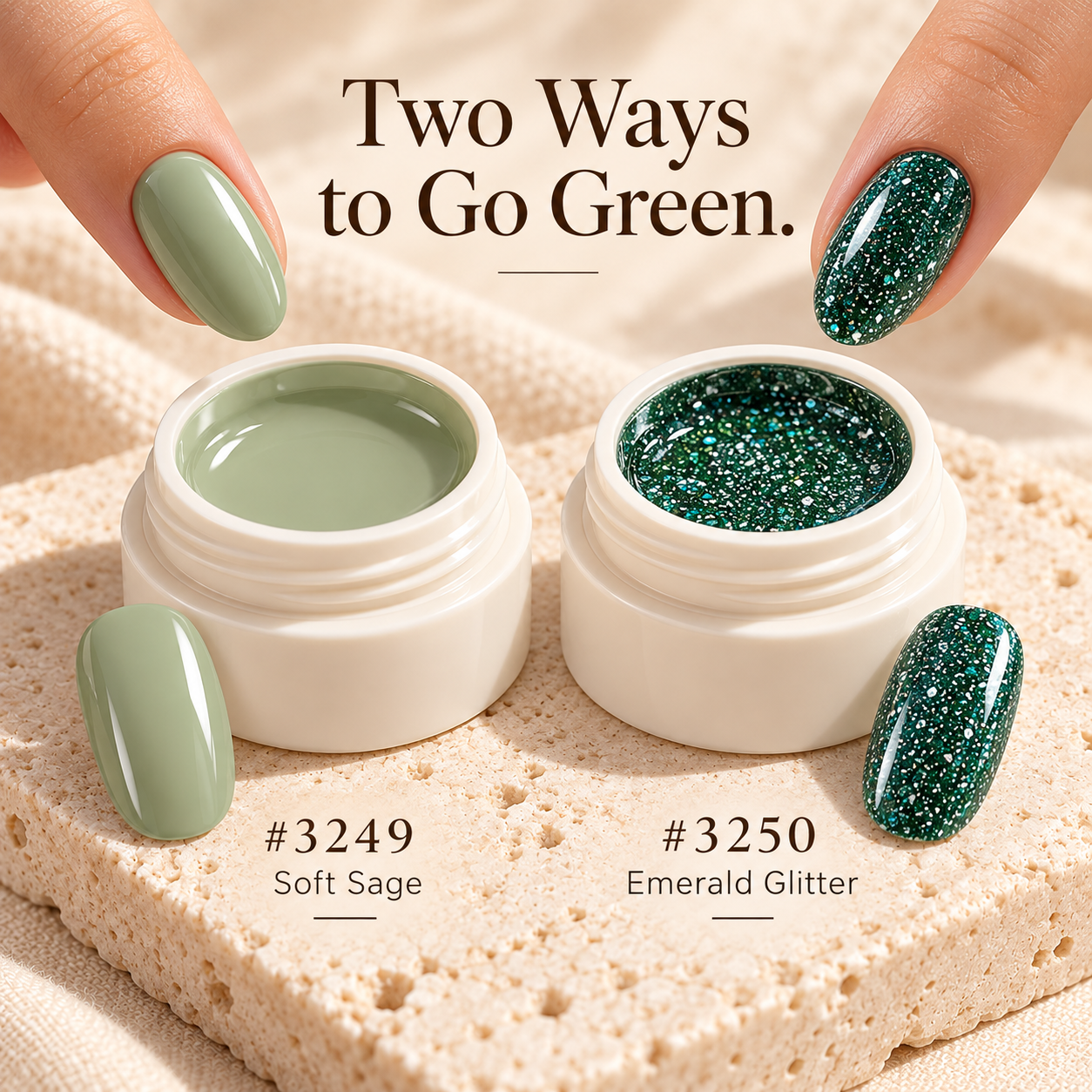 Soft Sage and Emerald Glitter gel pots beside green manicures
