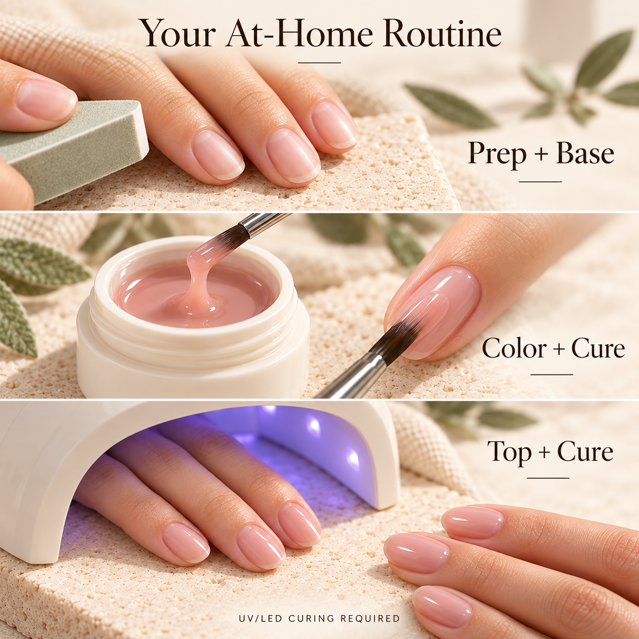 Three illustrated steps for preparing, applying color and finishing